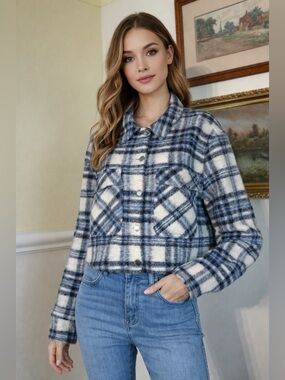 ZARA Blue & White Plaid Cropped Jacket | Wool Blend Shacket | XL